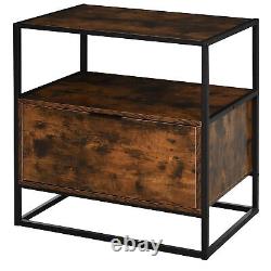 2 Tier Industrial Style Side Table End Desk Storage Unit with Drawer and Open Sh