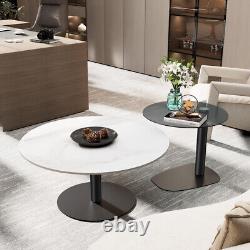 2x Round Nesting Coffee Table Sintered Stone & Glass Top Stacking Side Table Set