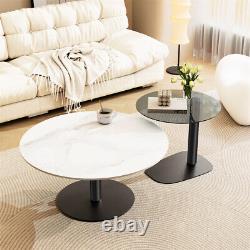 2x Round Nesting Coffee Table Sintered Stone & Glass Top Stacking Side Table Set