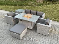 Fimous Light Grey Rattan Garden Furniture Gas Fire Pit Heater Dining Table Sets