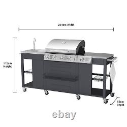Gas BBQ Grill 4 Burner + Side Burner with Kitchen Sink and Side Table Storage