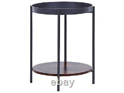 Industrial Round Side End Table Metal Shelf Tray Top Black with Dark Wood Borden