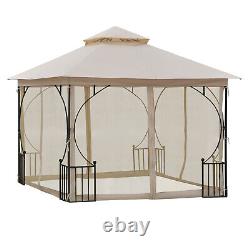 Metal Garden Gazebo With Net Sides 3m x 3m Double Tier Sun Shade Shelter Beige