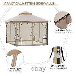 Metal Garden Gazebo With Net Sides 3m x 3m Double Tier Sun Shade Shelter Beige