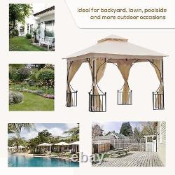 Metal Garden Gazebo With Net Sides 3m x 3m Double Tier Sun Shade Shelter Beige