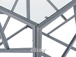 Modern Contemporary Side Table Metal Open Frame Glass Top Silver Orland