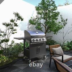 Outdoor 4 Burner Gas Grill BBQ Trolley with Warming Rack, Side Shelf, Carbon Steel
