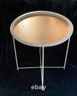 Round butlers tray table foldable living room, side table white and gold/rose