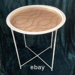 Round butlers tray table foldable living room, side table white and gold/rose