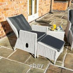 Rowlinson Prestbury 2x Rattan Lounger Reclining Chair Set Side Table Garden Grey
