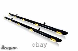 Side Bars + Amber LEDs For VW Caddy Maxi 2004-2010 Polished Tubes Skirts BLACK