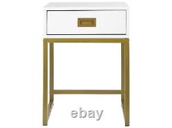 Side Table White with Gold Metal Base Storage Drawer Bedside Nightstand Largo