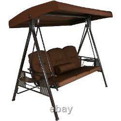 Sunnydaze 3-Person Steel Frame Outdoor Canopy Swing with Side Tables Brown