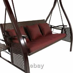 Sunnydaze Deluxe Steel Frame Maroon Cushioned Swing with Canopy and Side Tables