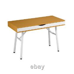 Table Beech Finish With White Melamine Powder Coated Metal Legs Pull Out Shelf
