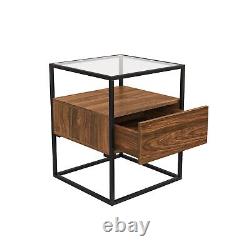 Walnut Side Table with Glass Top and Storage Drawer Akila AKA004